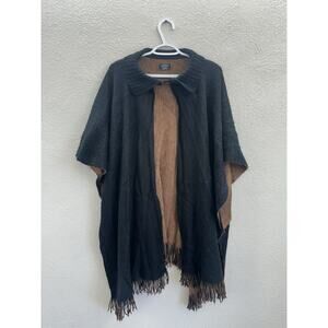 Specialty House Womens Sweater Cape One Size Black Brown Single Button Fringe